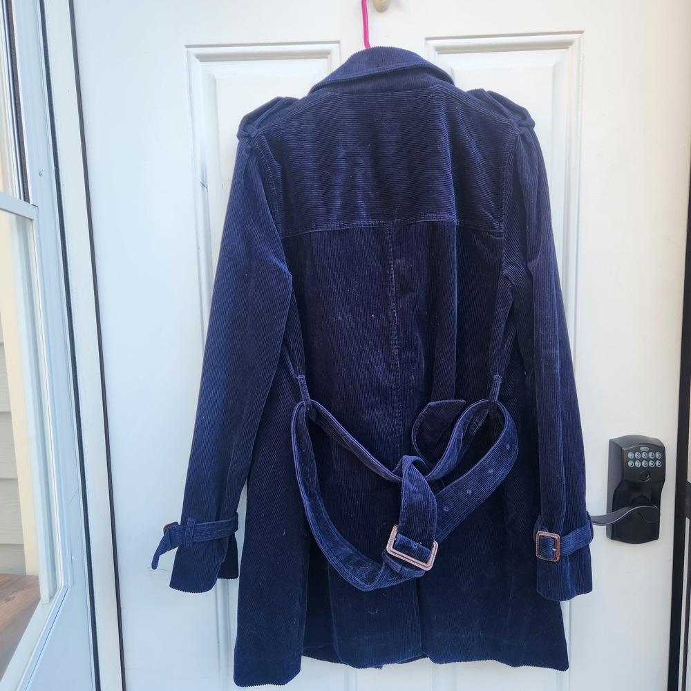 Women's Double Breasted Navy Blue Corduroy Belted Trenchcoat Size Medium - Picture 4 of 14